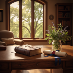 A sun-drenched oak desk with a Bible, diploma, and fresh herbs, with a green tree visible through a tall window.