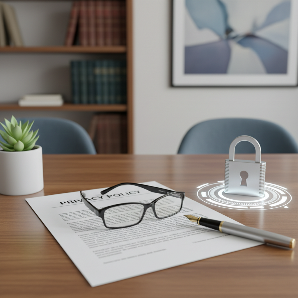A clean wooden desk with reading glasses, a document, a fountain pen, and a silver padlock, representing data privacy and trust.