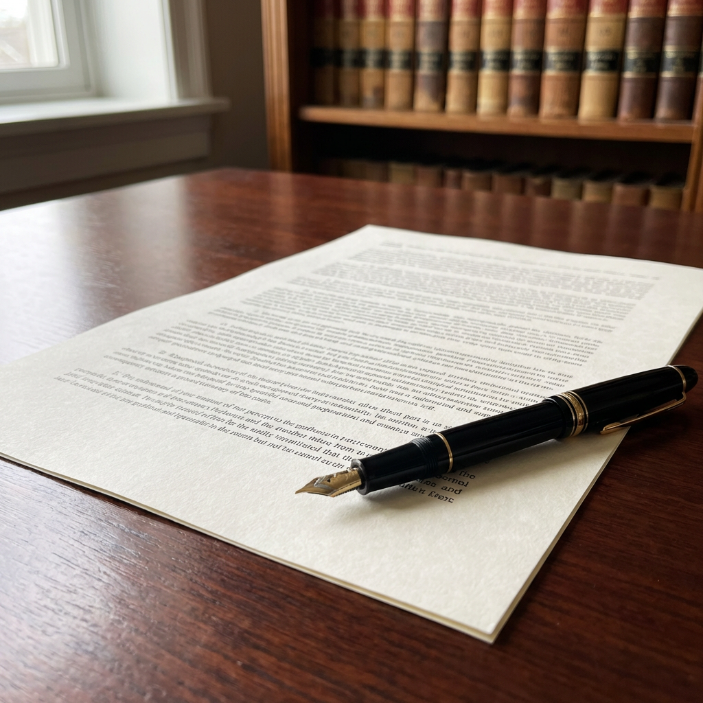 A photorealistic view of a legal document on a mahogany desk with a luxury fountain pen and law books in the background.